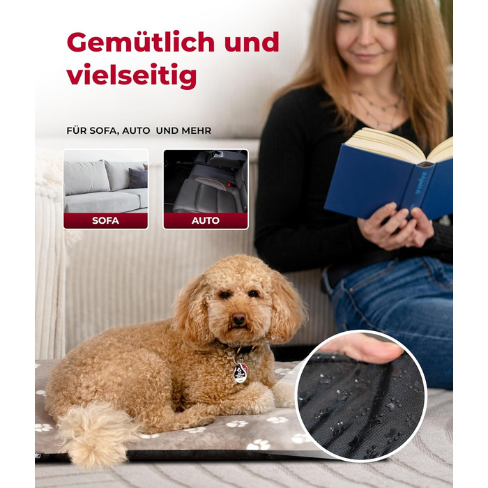 Килимок для собак XS (45x65 см) – неслизький та затишний з 3 см наповнювачем – ідеально для дивану, авто та переноски – Made in Germany (65 x 95 см, Tatze Beige)