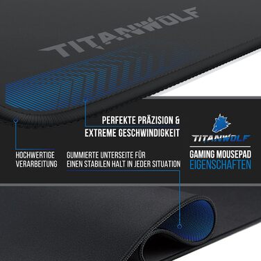 Кисмат TITANWOLF XXL Speed - великий килимок для миші 900x400 мм з антиковзаючим покриттям та мотивом TITANWOLF