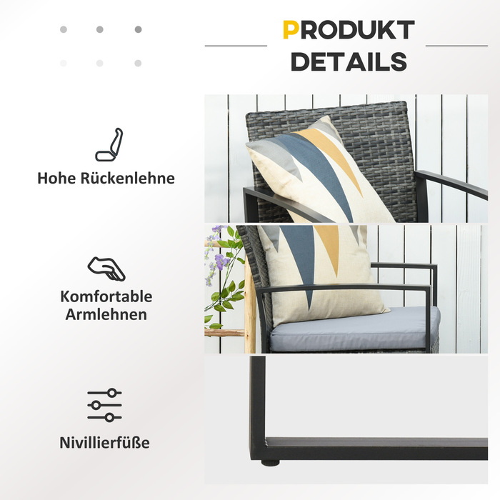 Набір садових меблів Outsunny з ротангу Polyrattan на 2 особи з сірими подушками, стійкий до погодних умов і стильний