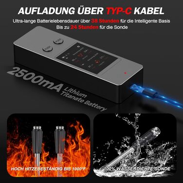 Бездротовий термометр для м'яса з 2 зондами, великий сенсорний екран, IP67 вологостійкий. Підходить для гриля, барбекю, коптильні. Чудовий подарунок на Різдво