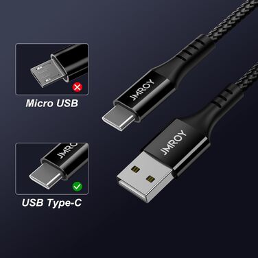 Кабель USB-C [2 шт] 3.1A, чорний, 1м + 2м. Сумісний з Samsung Galaxy, Huawei, Note, S, P, A, та іншими пристроями