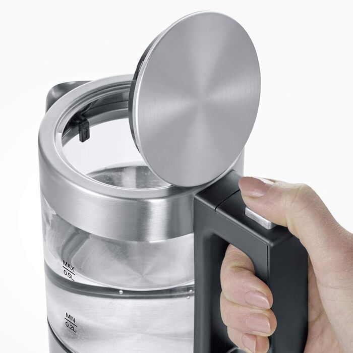 SEVERIN Mini Glass Kettle 0.5 L, powerful and compact with a high-quality design, electric kettle with scale filter, stainless steel/black, WK 3472