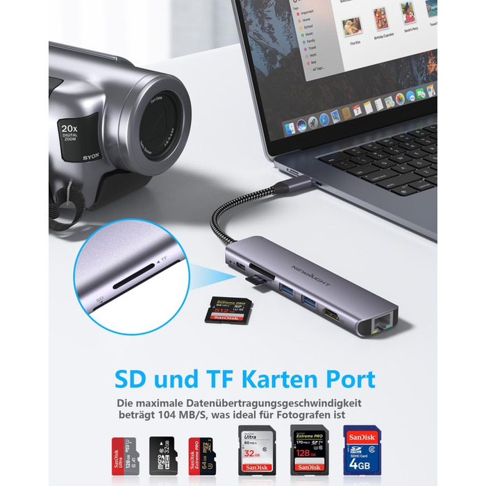 Док-станція для ноутбука Newmight з двома HDMI, підтримка 2 моніторів 4K, Ethernet 1 Gbps, PD 100W, 3 USB 3.0, SD/TF Reader, USB-C, для HP/Dell (сіра)