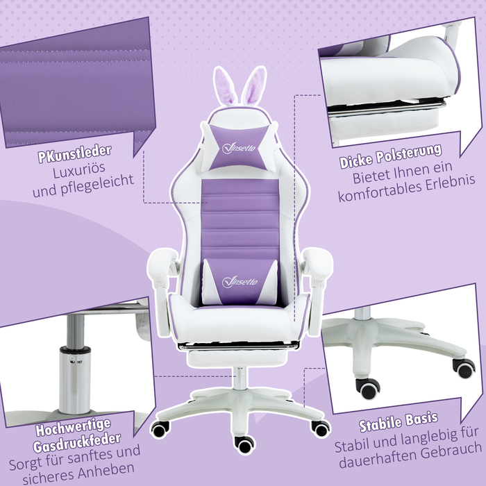 Ігрове крісло Vinsetto Ergonomic Gaming Chair з підтримкою попереку, підставкою для ніг, ігровий диван з вушками, подушкою для голови, офісне крісло з регульованою спинкою та функцією відкидання, фіолетовий | Aosom