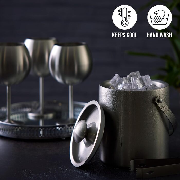 Двошаровий нержавіючий льодяний відерце Oak & Steel 2 л з кришкою та щипцями, набір 2 шт, елегантний та міцний контейнер для льоду