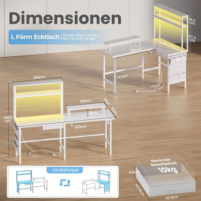 Ігровий стіл кутовий 150x100 см з 3 розетками та 2 USB, зворотний, з LED підсвіткою, з ящиками та підставкою для монітора - для геймінгу, офісу (білий)