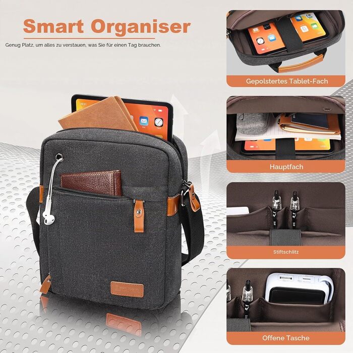 Чоловіча сумка-месенджер ESTARER через плече з канвасу для роботи, навчання та подорожей, 11 дюймів, чорно-сіра
