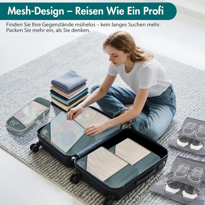 Органайзер для валізи, набір Packing Cubes (9 шт.) з компресією та чохлом для взуття, сірий. Водонепроникні та дихаючі кишені для подорожей та переїзду.