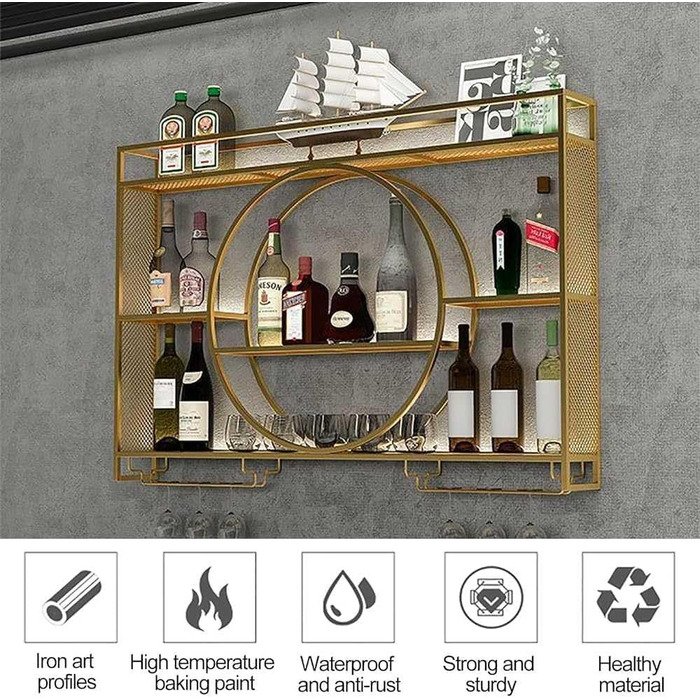 Металева вітрина для вина на стіну, кругла, 140x15x80 см, золото. Підійде для бару, ресторану, дому. Багатофункціональна полиця для зберігання.