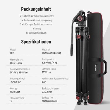 NEEWER Професійний штатив для відео 74' з Fluid-головкою, QR-платівкою, сумісний з DJI RS, для DSLR, максимальне навантаження 8 кг