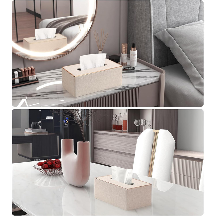 LADSTAG Tissue Box, PU Leather Tissue Box Cover with 4 Coasters, Tissue Box Cover for Rectangular Tissues, W x D x H: 25 x 13.5 x 9.5 cm (Beige)