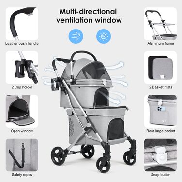 Beberoad Розкладний візок для собак та котів, 2-ярусний, чорний/сірий