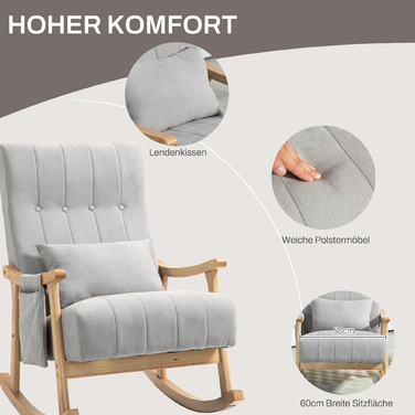 HOMCOM Rocking Chair with Kidney Pillow, Wide Seat, Beech Frame, Up to 120 kg (265 lbs), Grey