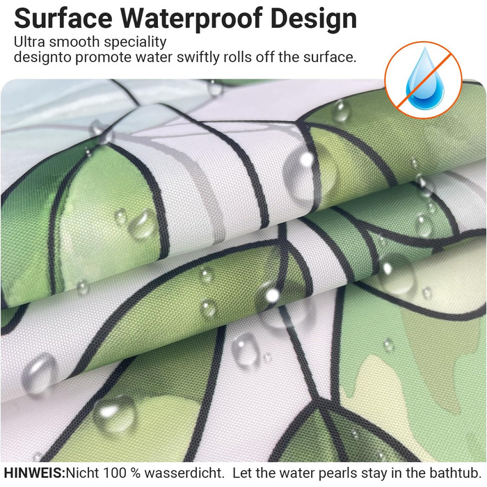 Штора для душу 200x200 см, зелені листки, антигрибкова, водовідштовхувальна, текстильна, поліестер, з кільцями (12 шт.) для ванної кімнати