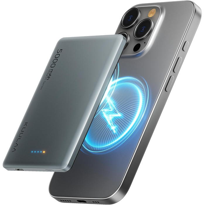 Powerbank Kuulaa Magsafe 5000mAh PD 20W, Slim, 8mm, Бездротовий, для iPhone 15/14/13/12, Темно-сірий