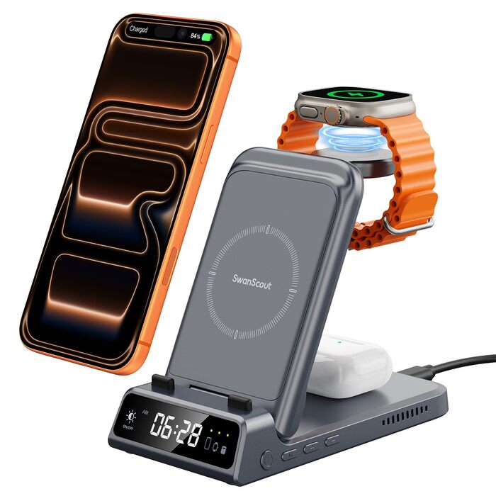 Бездротова зарядка 3-в-1 SwanScout 703A для iPhone 17/16/15/14/13/12, Apple Watch 11/10/9/8/7/Ultra та AirPods Pro 3 (Tech Grey)