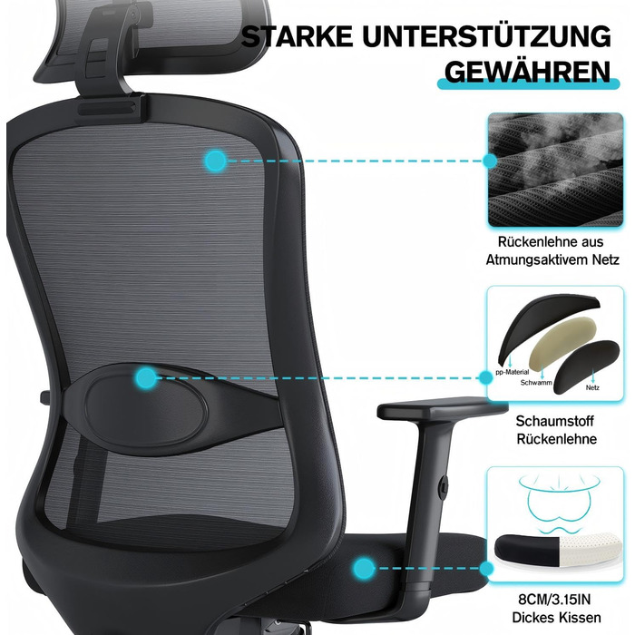 Ергономічне крісло для офісу, обертовий офісний стілець з подушкою для попереку, регульовані підголівник та підлокітники, крісло для керівника до 150 кг (Чорний)