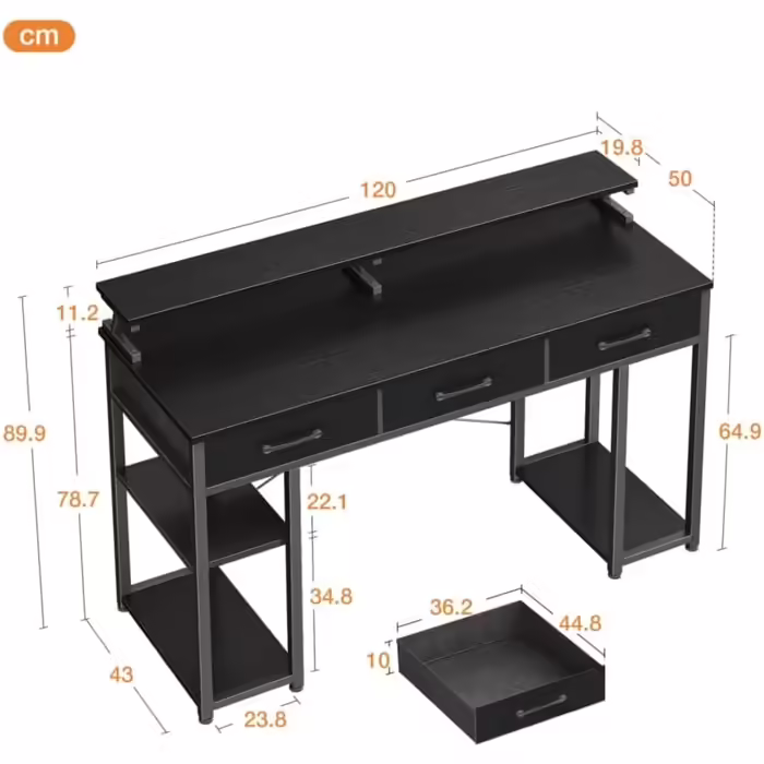 ODK Desk with Drawers, Computer Desk with Shelf, 120x50x90cm Gaming Desk with Monitor Stand, Black Desk, Office Desk, PC Desk for Home Office, Office, Living Room 120 x 50 cm Black