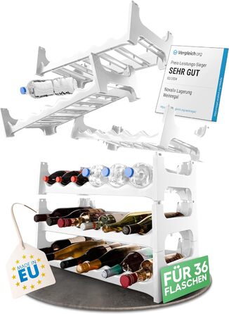 Plastic bottle rack for 36 bottles, expandable, stackable wine rack, white, beverage rack bottle shelving system, shelf for drinks, bottle cabinet, liquor rack