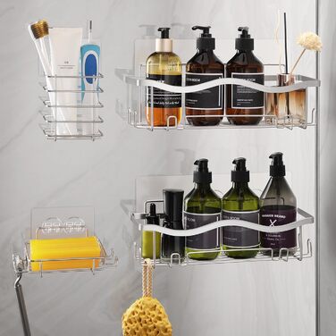 ALOCEO Shower Shelf - No Drilling Required, 4 Pack, Shower Rack with Soap Holder and Toothbrush Holder, Bathroom Shower Organizer, Silver