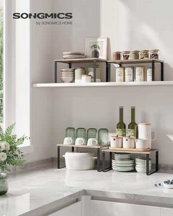 SONGMICS Spice Rack, 4-Piece Set, Kitchen Shelf, Kitchen Organizer, Expandable, Spice Holder, Stackable, with Metal Frame, 19.5 x 29.7 x 15.8 cm, Ink Black-Natural Beige KCS10NB (Ink Black + Greige Melange, 29.7B cm)