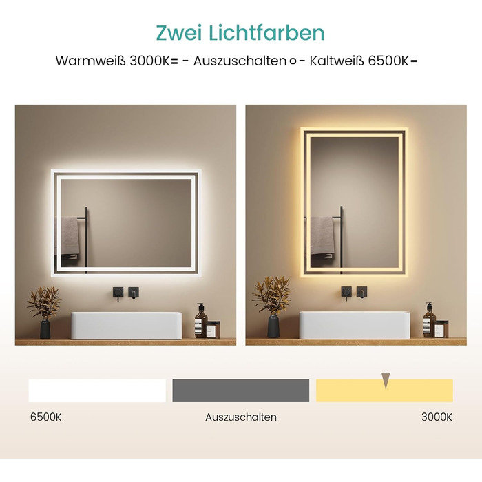 Дзеркало для ванної кімнати EMKE з підсвічуванням 40x60 см LED, антизапарник, холодний/теплий білий світ, з кнопкою, преміум-алюмінієва рама, IP44, енергозберігаюче