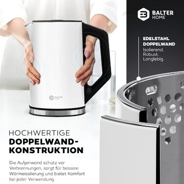 Balter Stainless Steel Electric Kettle with Temperature Control - 40°C-100°C, Double Wall, BPA Free, 1.7L, 2200W, Quiet Kettle