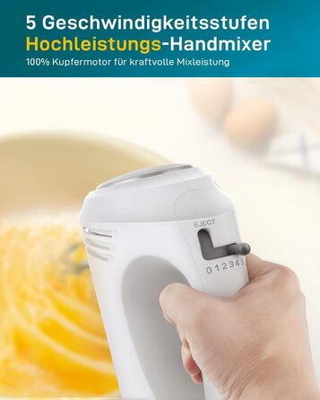 Ручний міксер 350 Вт, 5 швидкостей, з нержавіючої сталі (віночок та гак), ергономічна ручка, довгий кабель, BPA-free – білий KS1 S1