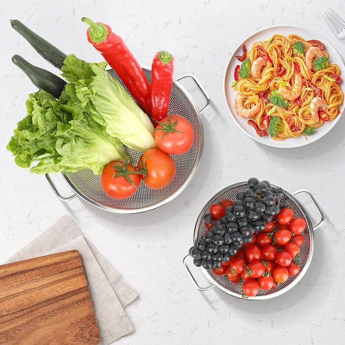 Дуршлаг кухонний 3QT + 5QT, 2 шт, нержавіюча сталь, з ручками для фруктів, овочів, безпечний для посудомийної машини