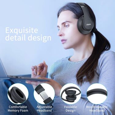 Бездротові навушники Uliptz Over-Ear Bluetooth з 65 годинами роботи, 6 EQ-режимів, HiFi стерео, складні, для подорожей/офісу/телефону/ПК (Чорний)