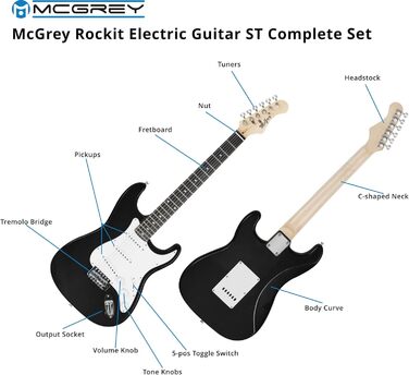 McGrey Rockit ST Комплект електрогітари (8-частинний стартовий набір: гітара, підсилювач, запасні струни, гітарний чохол, тюнер, медіатори, ремінь та гітарний кабель) (Чорний)