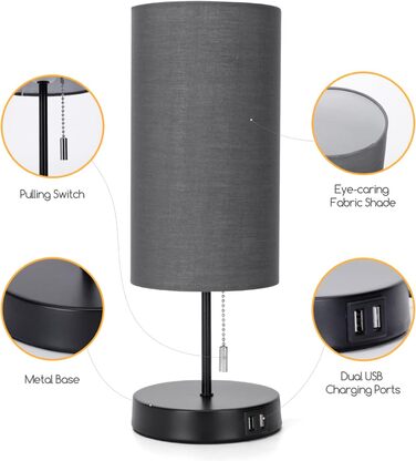 Настільна лампа Aigostar з 2 USB-портами, вимикач, металевий цоколь, сірий колір, для спальні, вітальні, дитячої кімнати