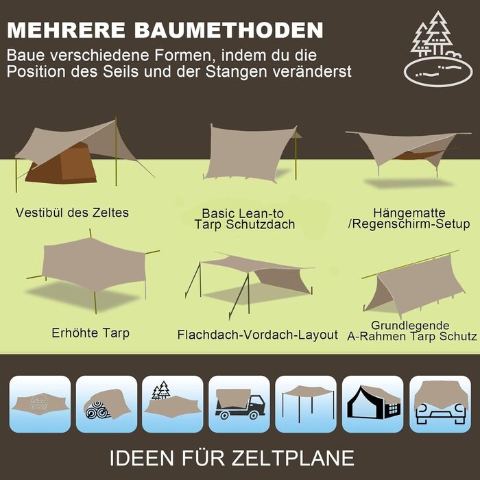 Водонепроникна тентова накидка Tarp 3.7 x 4.3 м з опорами, кільцями, шнуром, для кемпінгу, відпочинку на природі, захисту від сонця та дощу (Хакі)