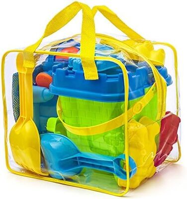 Prextex 12-Piece Beach and Sand Toy Set in Reusable Zippered Bag - Bucket with Sieve, Shovel, Rake, Watering Can, Sand Molds for Animals and Castles, 25.4 x 17.8 cm