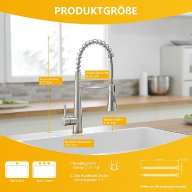 Кухонний змішувач TIMACO з поворотним гусаком 360° та висувною лійкою, з нержавіючої сталі, з покриттям з брашованого нікелю