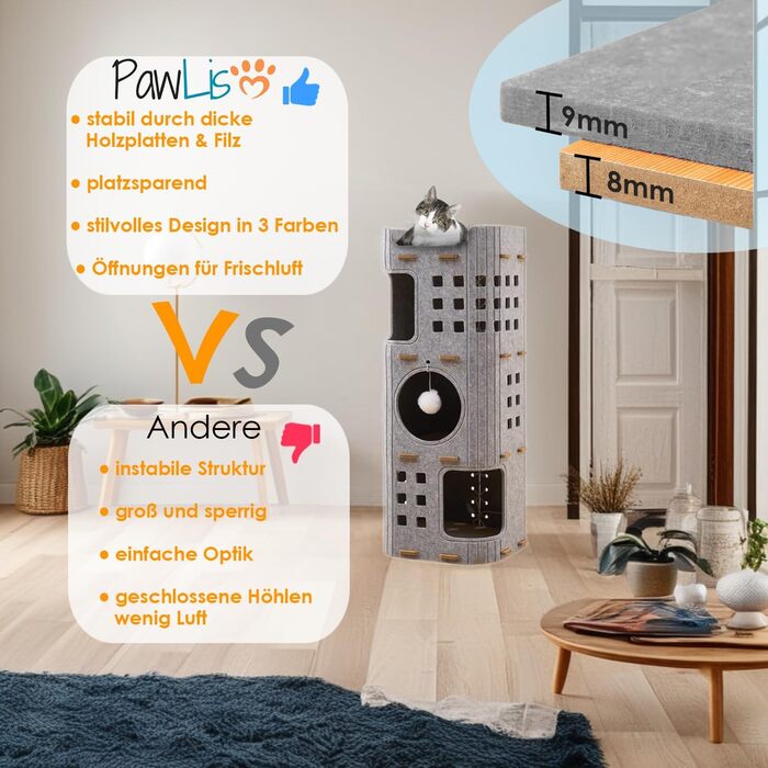 Котяча кігтеточка преміум-класу з 4 ярусами та 3 будиночками, філц, 90 см, зелений (сірий), 35x35x90 см