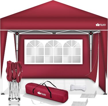 3x3m Waterproof Gazebo | Pop-Up Folding Gazebo with Adjustable Height | Garden Tent with UV Protection 50+ | Party Tent with Bag for Garden (Red - with 2 Side Panels)