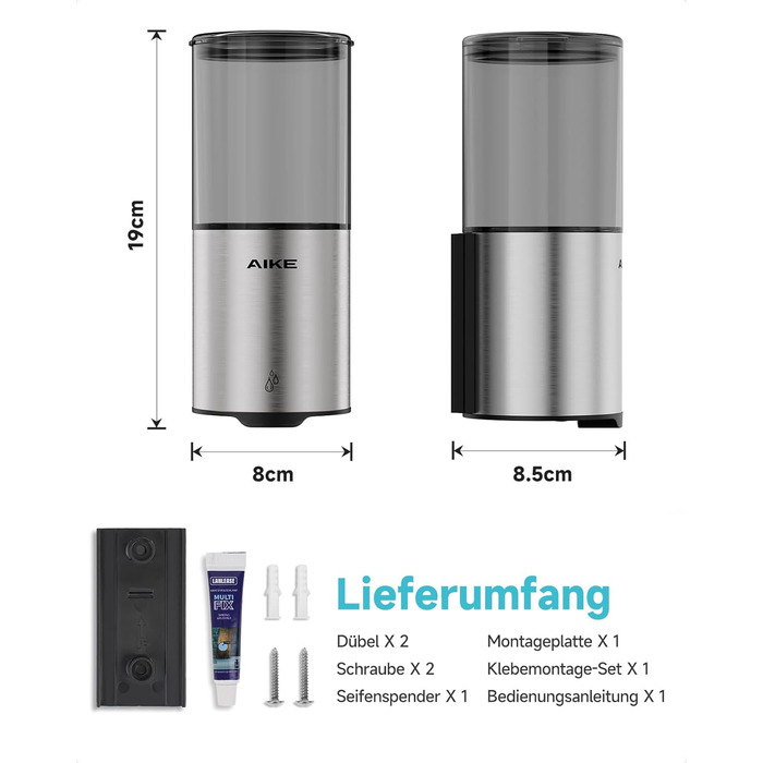 Автоматичний дозатор мила AIKE для рідкої мила, настінний, для кухні та ванної кімнати, IPX7, вологостійкий, 400 мл, з нержавіючою сталлю, шліфована