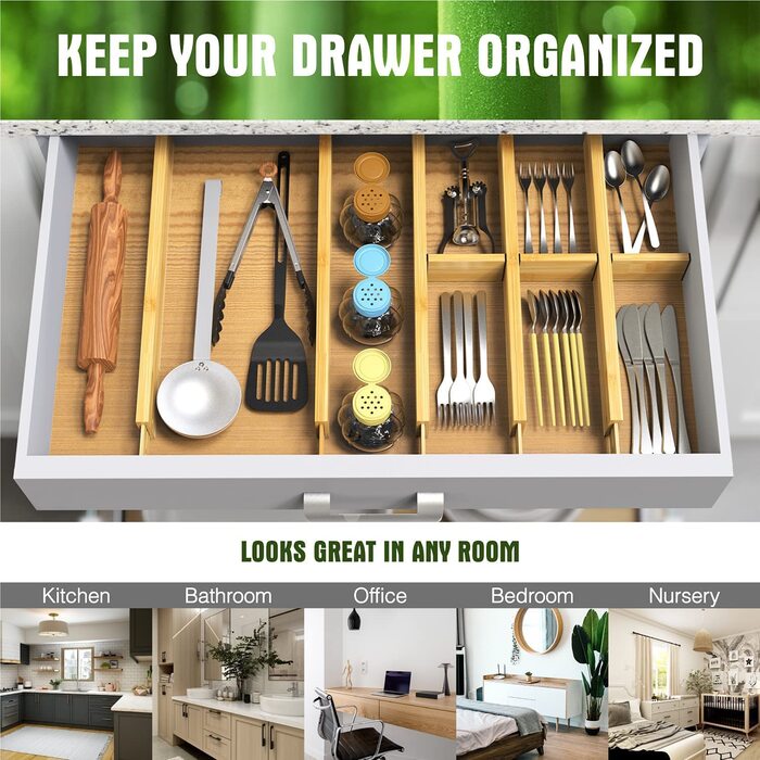 ANTOWIN 10 Pcs Adjustable Bamboo Drawer Dividers, Drawer Organizer, Spring-loaded, Kitchen, Dresser, Bathroom, Bedroom, Baby Drawer, Desk Organization System (43-56 cm) Natural