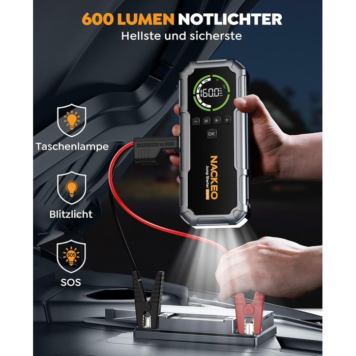 Портативний зарядний пристрій Starthilfe 8000A з компресором 160PSI, 12V для автомобілів, 20000mAh, LED-ліхтар 600 Lumen, LCD-дисплей, сріблястий