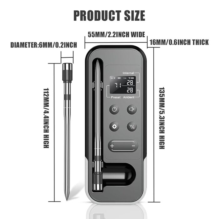 Бездротовий термометр для м'яса ANTELA з Bluetooth 5.3, LCD дисплеєм, сигналом та APP, для приготування на грилі, BBQ, в духовці та коптильні
