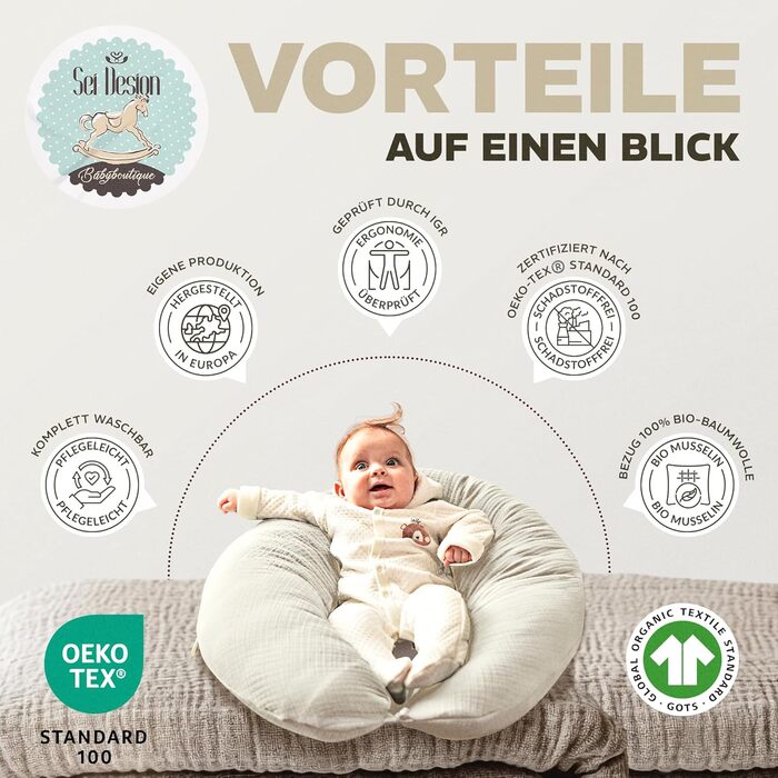 Подушка для годування sei Design XXL 190x30 см з мусліновою наволочкою, ергономічна, для вагітних, для сну на боці, комфортна подушка для дорослих, наволочка з 100% органічної бавовни муслін
