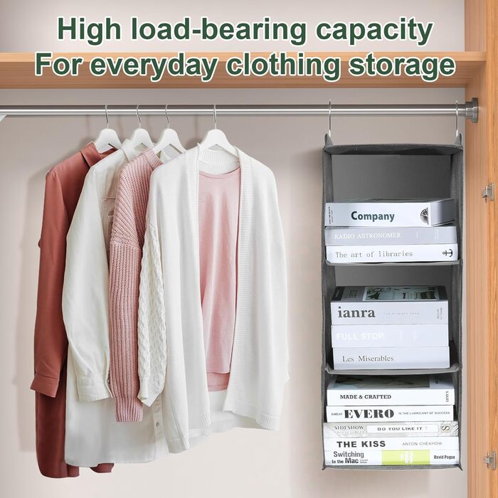 Органайзер для шафи AiQInu з 3 відділеннями, на вішалку, бамбуковий, сірий (з гачками)