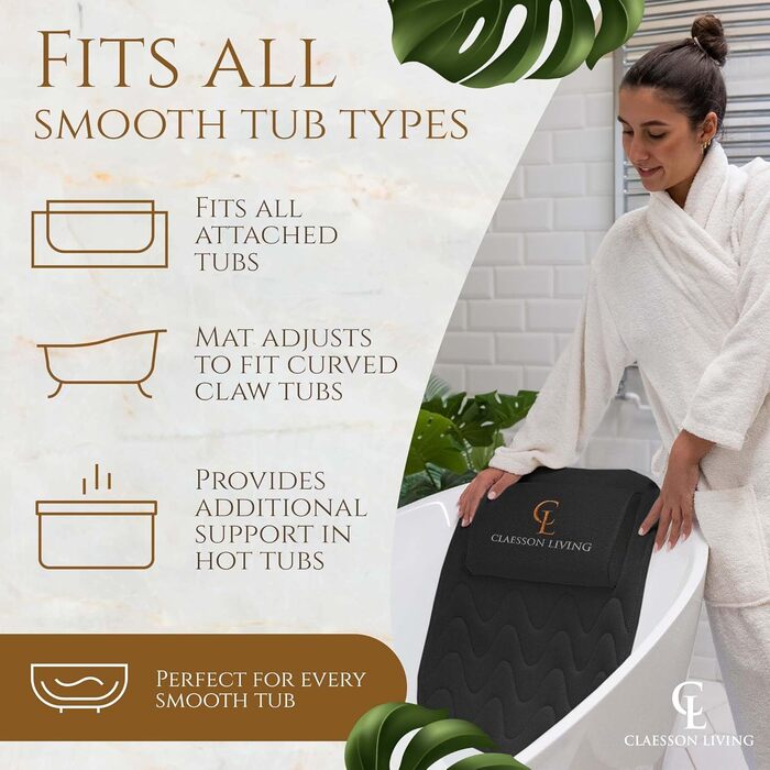 Подушка для ванни для всього тіла 125x43см, килимок для ванни з підголовником, підтримка шиї, спини та ніг. З мішком для прання та сумкою для подорожей, гачками для швидкого сушіння. Чорний колір.