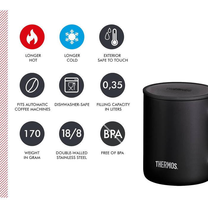 Термос із нержавіючої сталі Longlife Cup 350ml, чорний, з кришкою. Ідеальний для кави, офісу та кемпінгу
