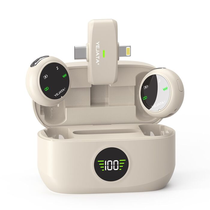 Мікрофон 2-в-1 для iPhone та Android з шумозаглушенням, кейс на 40 годин, магнітна застібка та кріплення для інтерв'ю, 25 метрів (Бежевий)