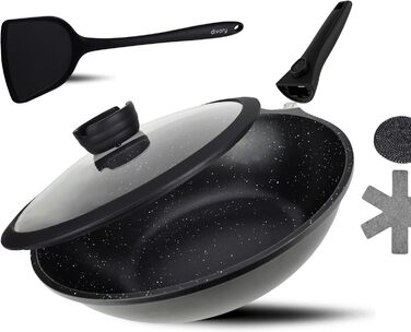 DIVORY Crepe Pan Induction 28 cm, Pancake Pan with Batter Dispenser & Wooden Spatula, Omelette Pan Induction, Flat Coated Pancake, Pizza Frying Pan (Black, Wok 30cm)