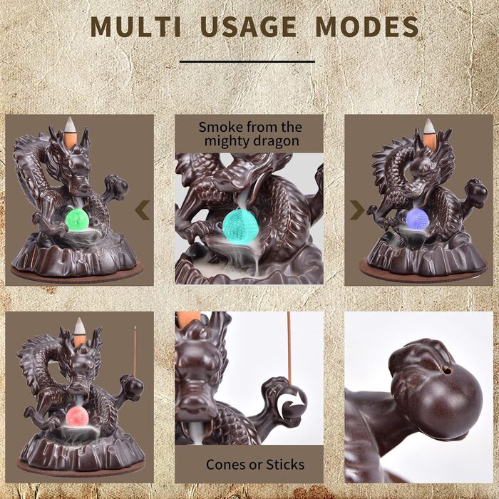 Dragon Backflow Incense Burner, Backflow Incense Holder with 20 Backflow Incense Cones, Home Decor, Ceramic Incense Burner Holder in Exquisite Present Box (Dragon with Bead)