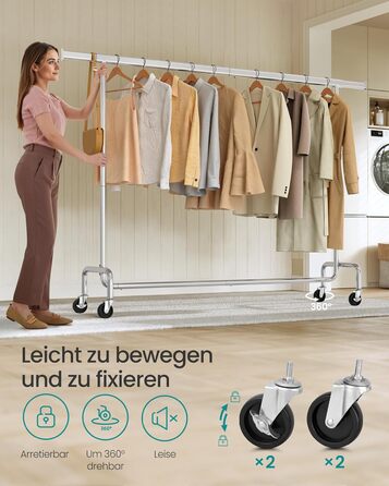 SONGMICS Clothes Rack on Wheels, Coat Rack, Heavy-Duty, Extendable Clothes Rod, Load Capacity up to 110 kg, 45 x (160-200) x 162.9 cm, Metal, Chrome, Silver HSR176E01