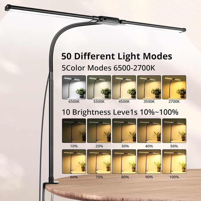 LED лампа настільна з двома головками, регулювання яскравості, 960 люмен, захист очей, 5 кольорів, 10 рівнів яскравості, для офісу та дому, чорна, 61 см